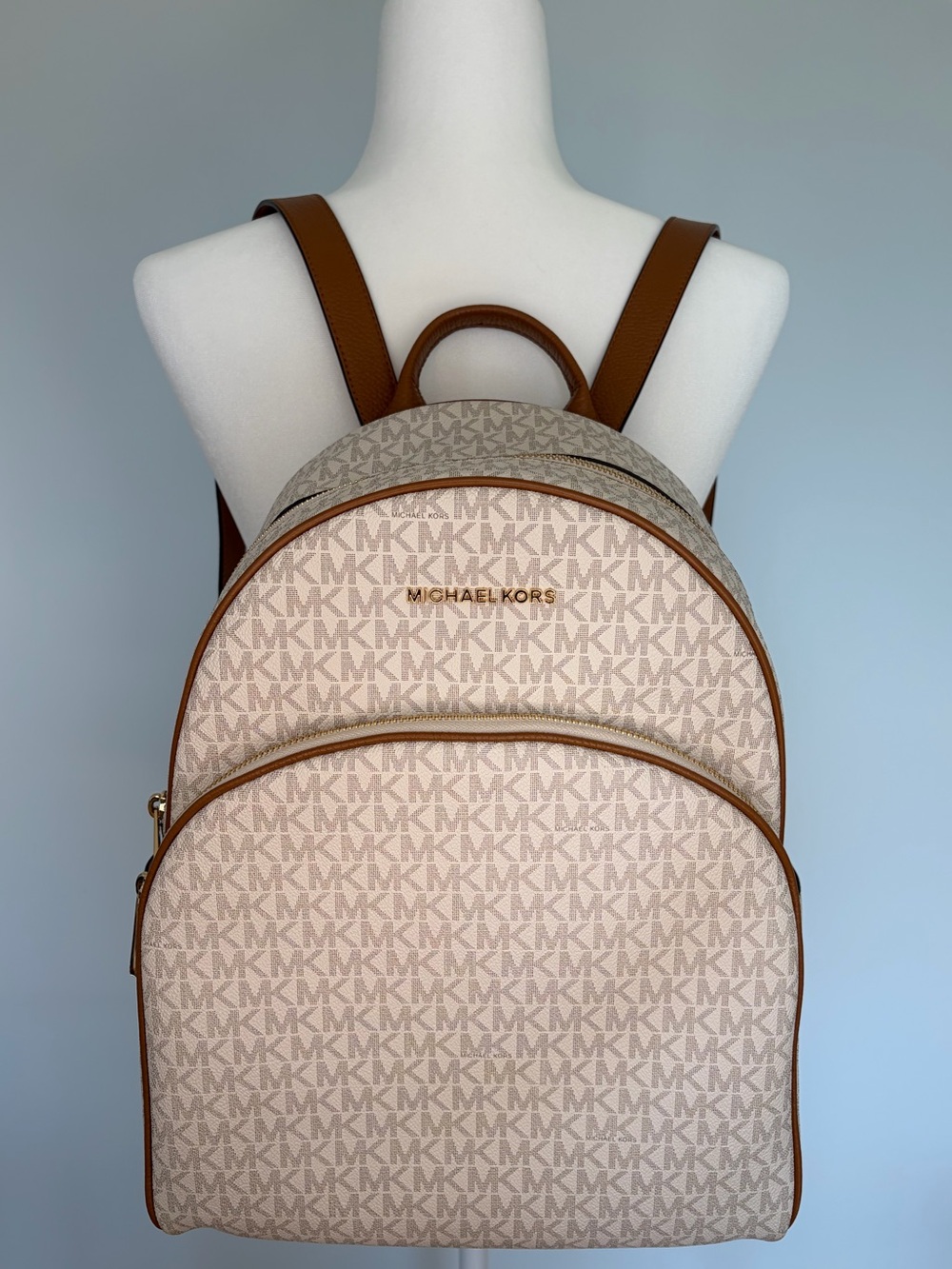 Michael Kors Beige MK Monogram Backpack with Brown Trim